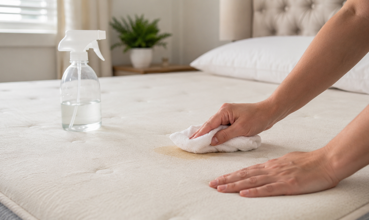 How to Clean a Mattress & Remove Every Stain 1 blotting a mattress stain with a cloth to remove it safely