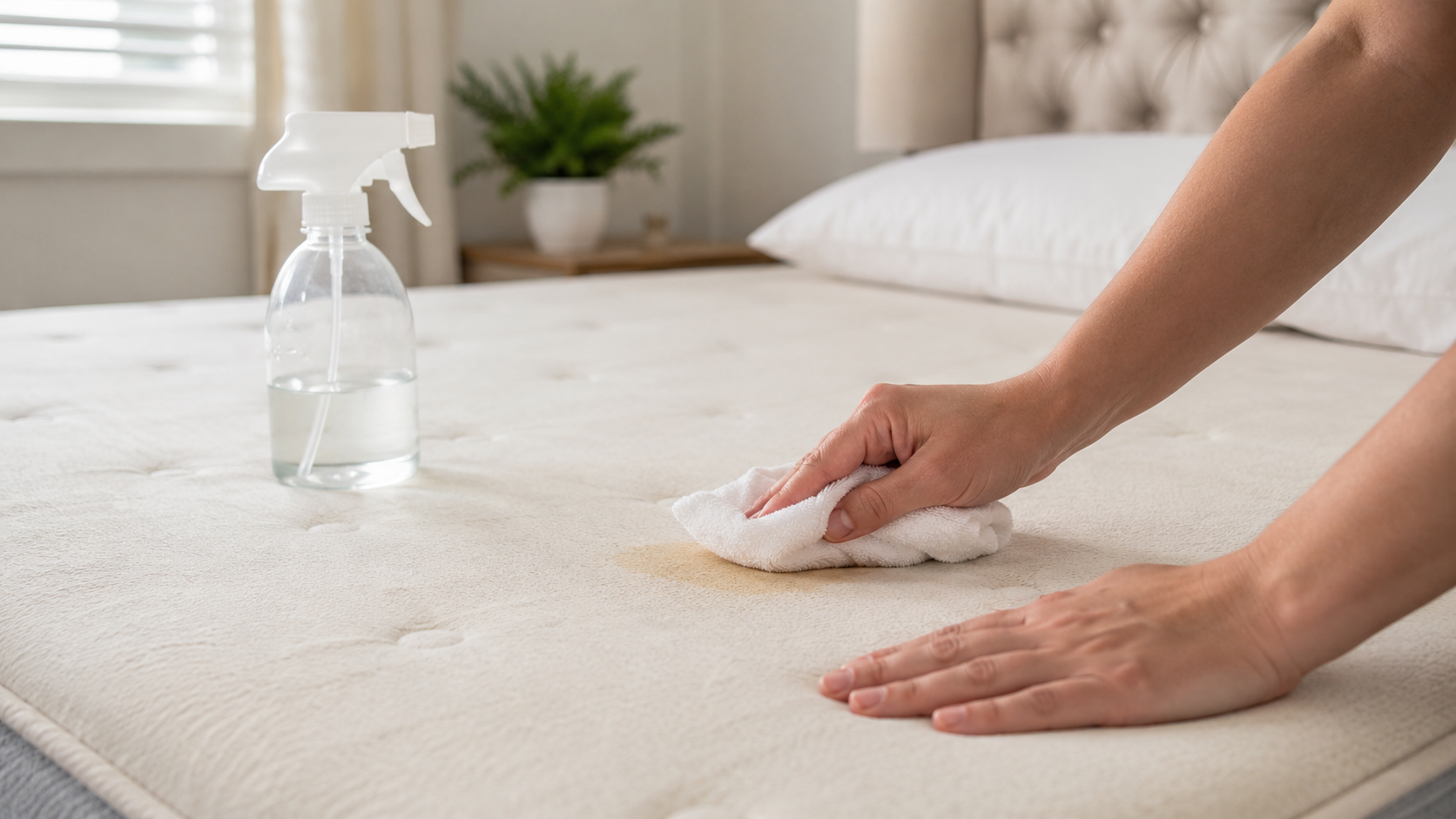 blotting a mattress stain with a cloth to remove it safely
