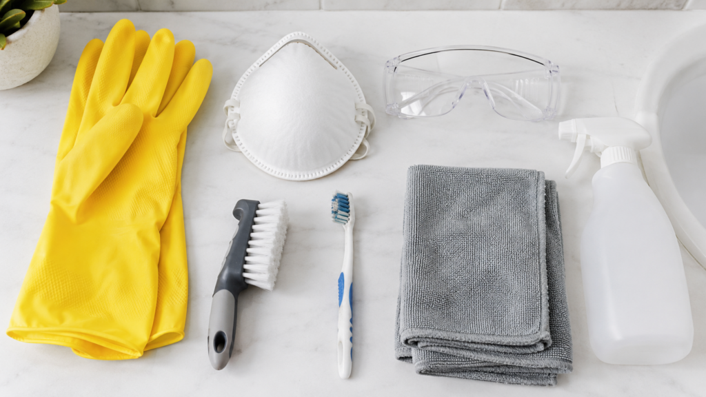 How to Clean Shower Mold Without Spreading Spores 2 rubber gloves, N95 mask, goggles, spray bottle, and brushes laid out to clean shower mold safely