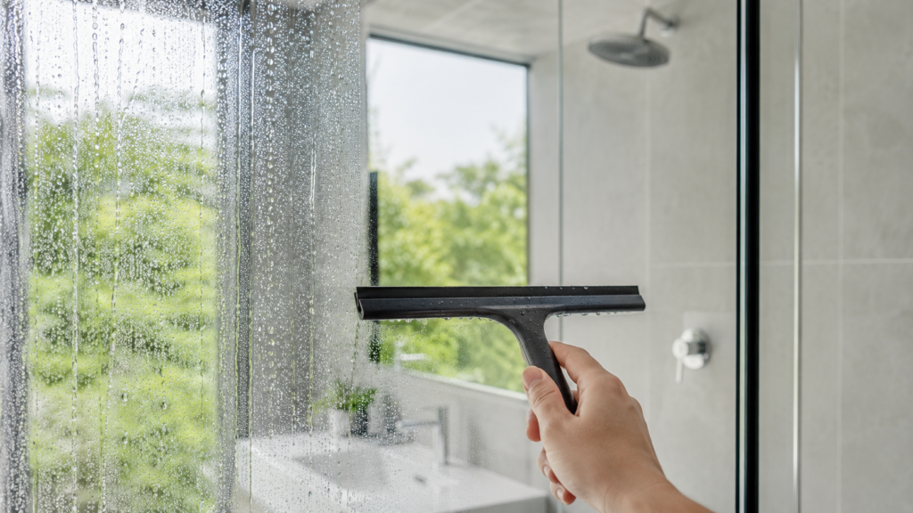 How to Clean Shower Mold Without Spreading Spores 3 squeegee clearing water from a glass shower door to prevent shower mold