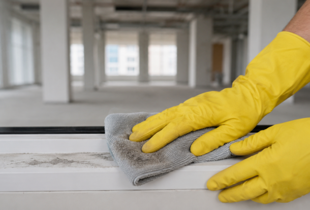 Post-construction cleaning worker wiping dust from an office windowsill with a microfiber cloth