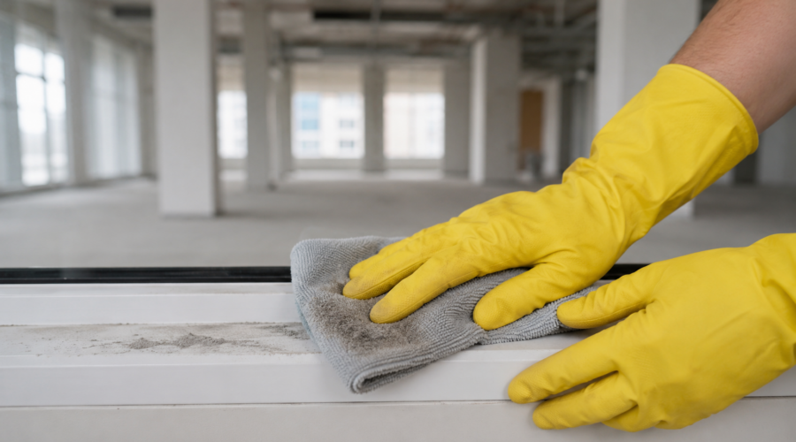 Post-construction cleaning worker wiping dust from an office windowsill with a microfiber cloth