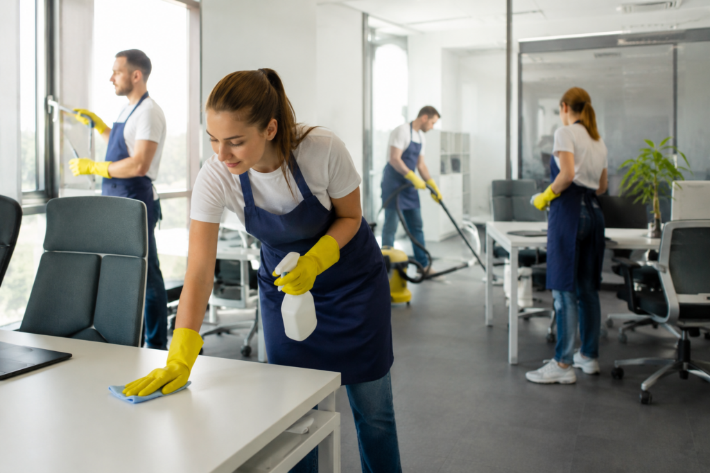 Post-construction cleaning crew wiping desks, cleaning windows, and vacuuming a modern office