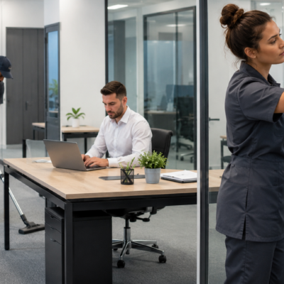 Janitorial service team vacuuming carpets and cleaning glass in an occupied office