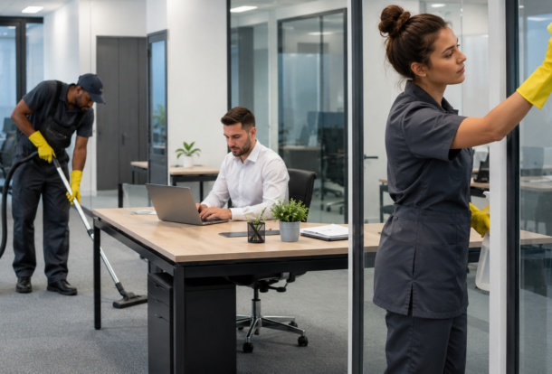 Janitorial service team vacuuming carpets and cleaning glass in an occupied office