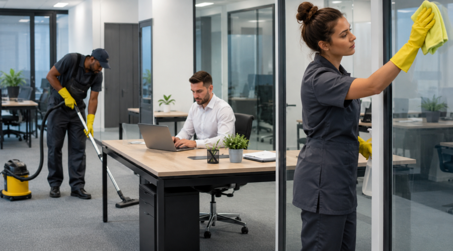 Janitorial service team vacuuming carpets and cleaning glass in an occupied office