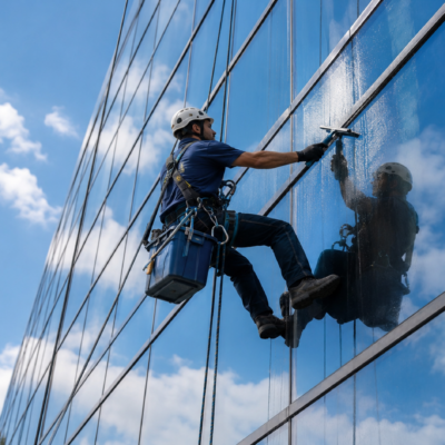 Commercial window cleaning technician using a squeegee on a glass office building