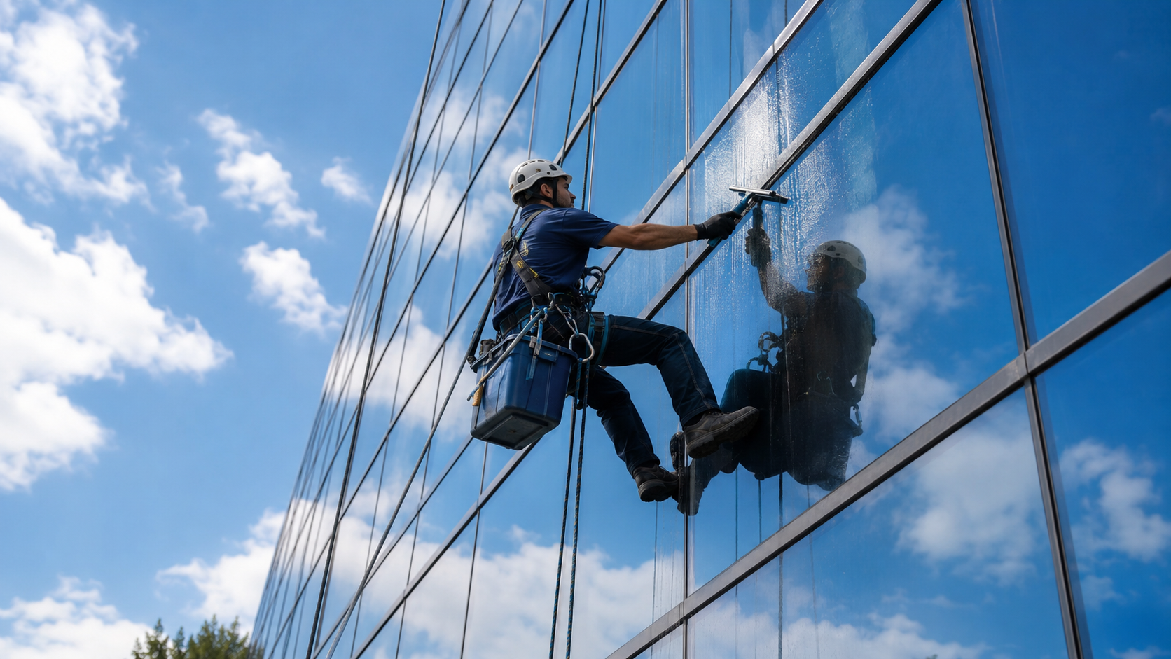 Commercial window cleaning technician using a squeegee on a glass office building