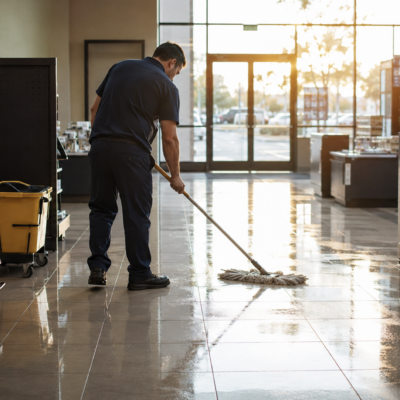 Commercial cleaning worker mopping a retail store floor in Vallejo