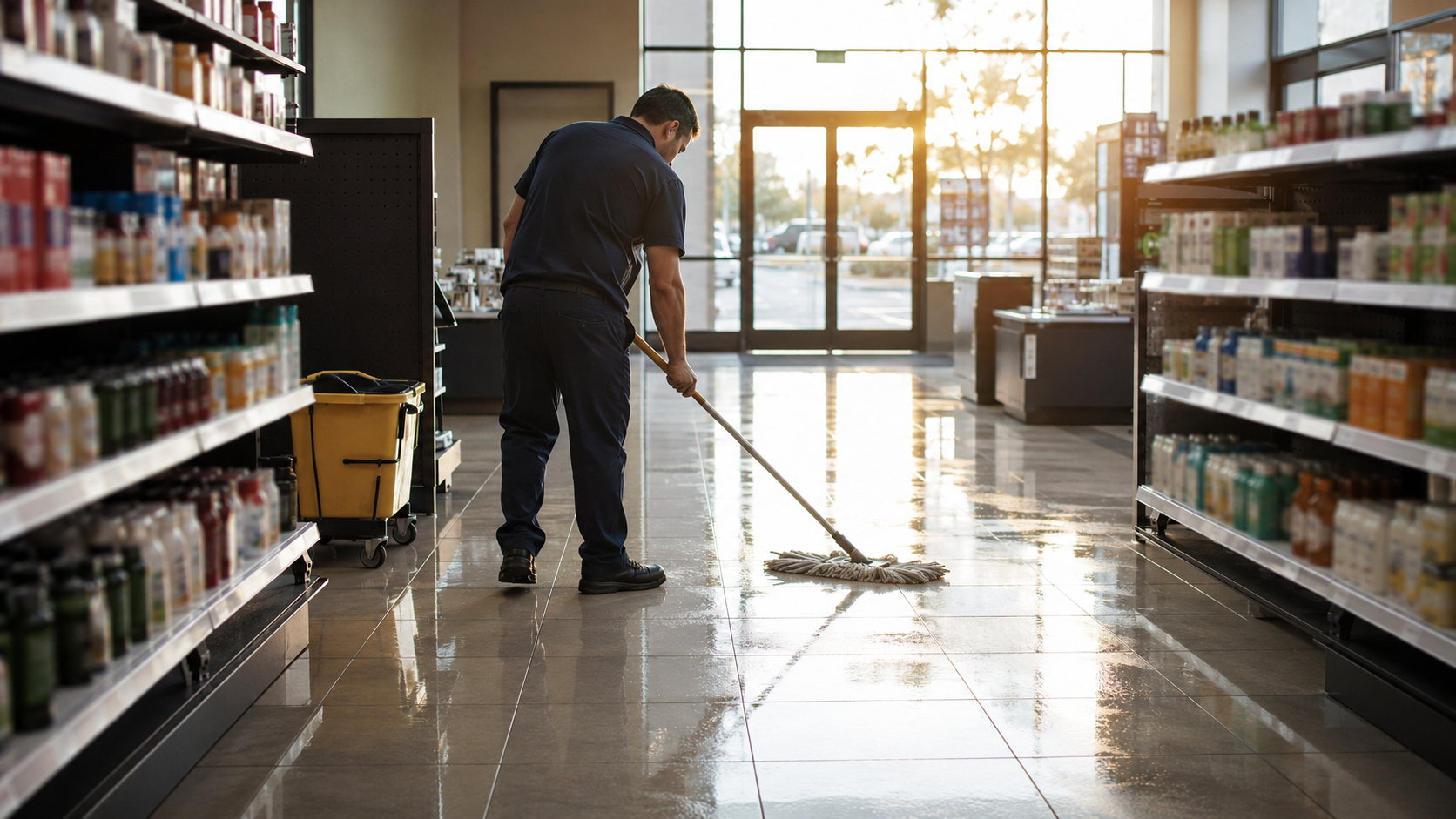 Commercial cleaning worker mopping a retail store floor in Vallejo