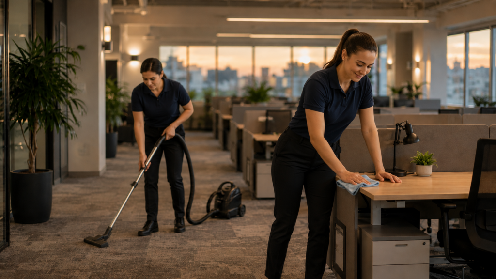 Two female cleaners vacuuming carpet and wiping desks in an open-plan office