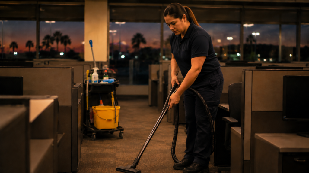 Female janitorial worker vacuuming carpet between office cubicles after hours