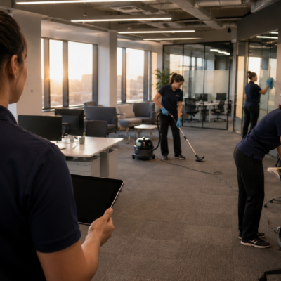 Female cleaning team vacuuming carpets, wiping desks and cleaning glass in a Fremont office