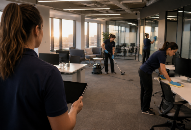 Female cleaning team vacuuming carpets, wiping desks and cleaning glass in a Fremont office