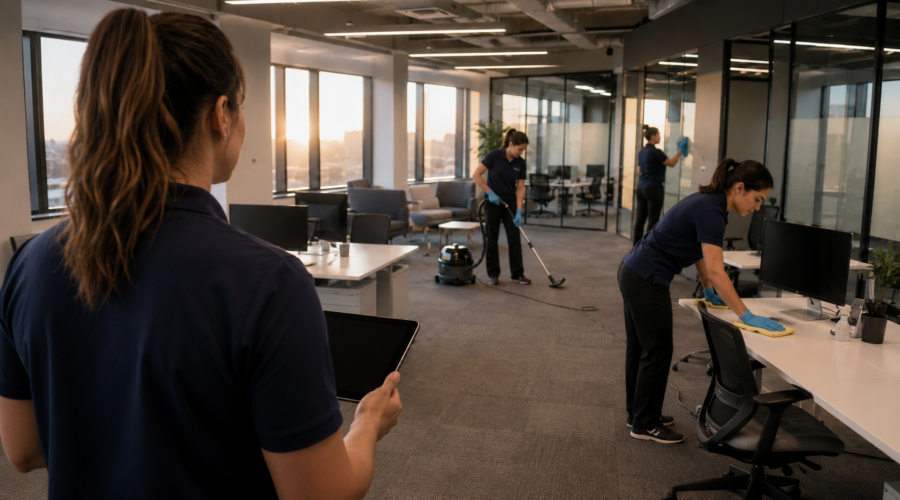Female cleaning team vacuuming carpets, wiping desks and cleaning glass in a Fremont office