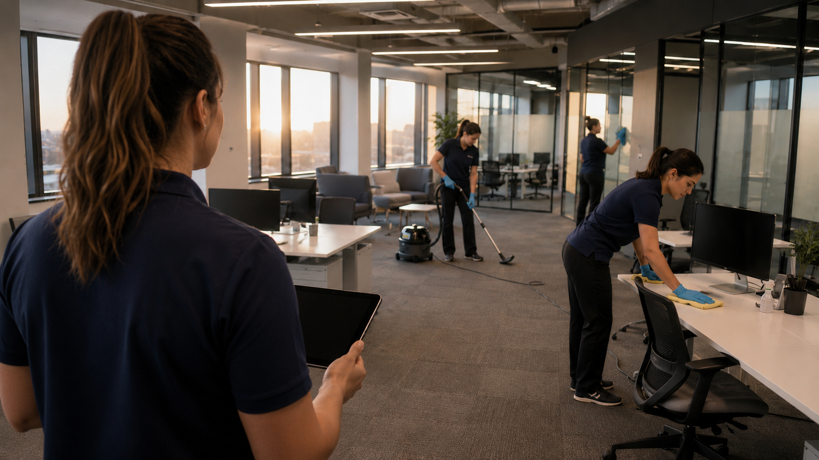 Female cleaning team vacuuming carpets, wiping desks and cleaning glass in a Fremont office