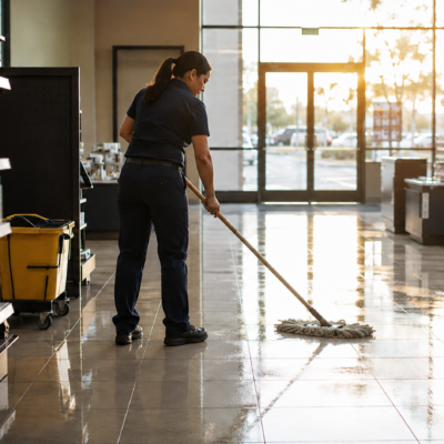 Female commercial cleaner mopping the floor of a retail store in Vallejo