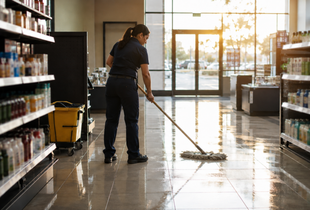 Female commercial cleaner mopping the floor of a retail store in Vallejo