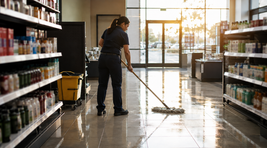 Female commercial cleaner mopping the floor of a retail store in Vallejo