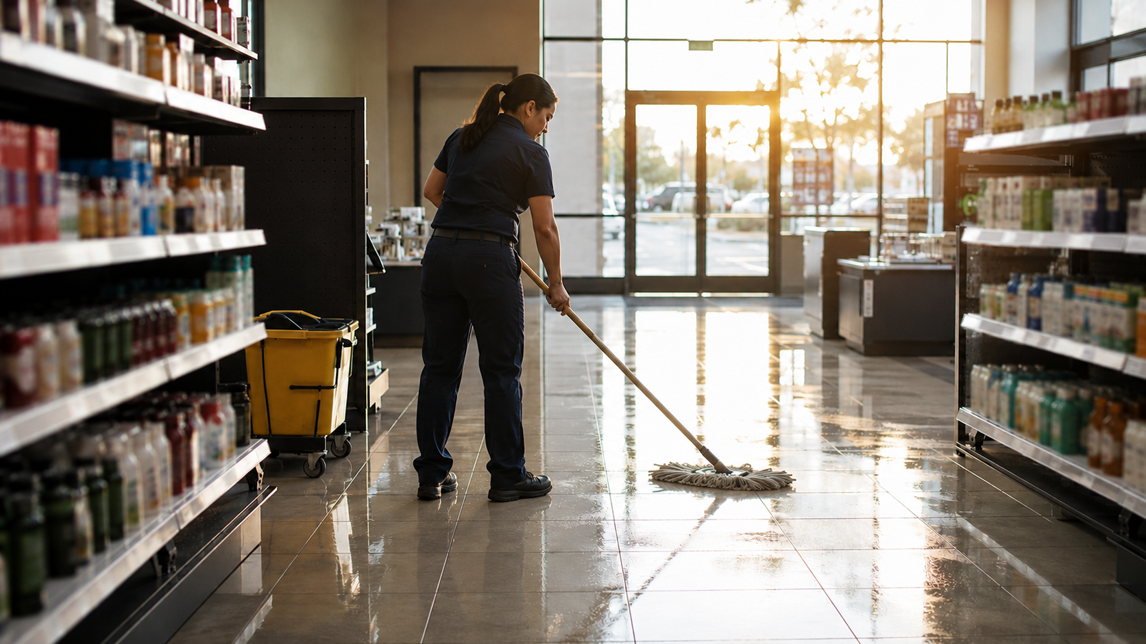 Female commercial cleaner mopping the floor of a retail store in Vallejo