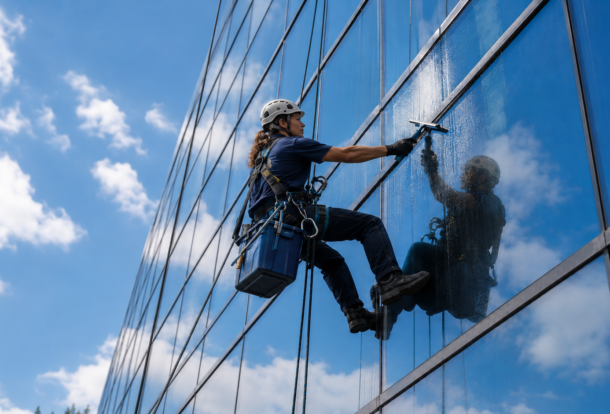 Rope access window cleaner washing a commercial glass building
