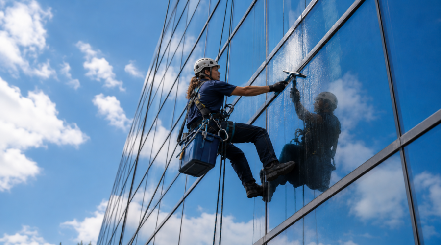 Rope access window cleaner washing a commercial glass building