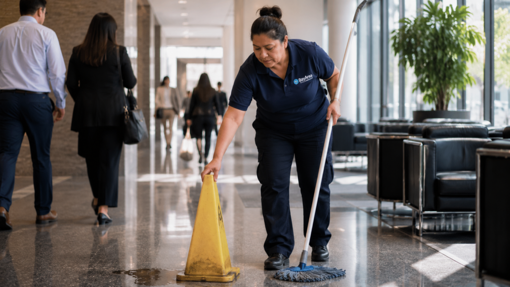 Female day porter from The Bay Area Cleaners placing a wet floor cone beside a spill in a busy office lobby.