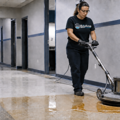 Female Bay Area Cleaners technician performing commercial floor stripping with a rotary floor machine.