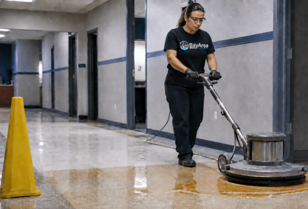 Female Bay Area Cleaners technician performing commercial floor stripping with a rotary floor machine.