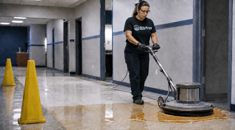 Female Bay Area Cleaners technician performing commercial floor stripping with a rotary floor machine.