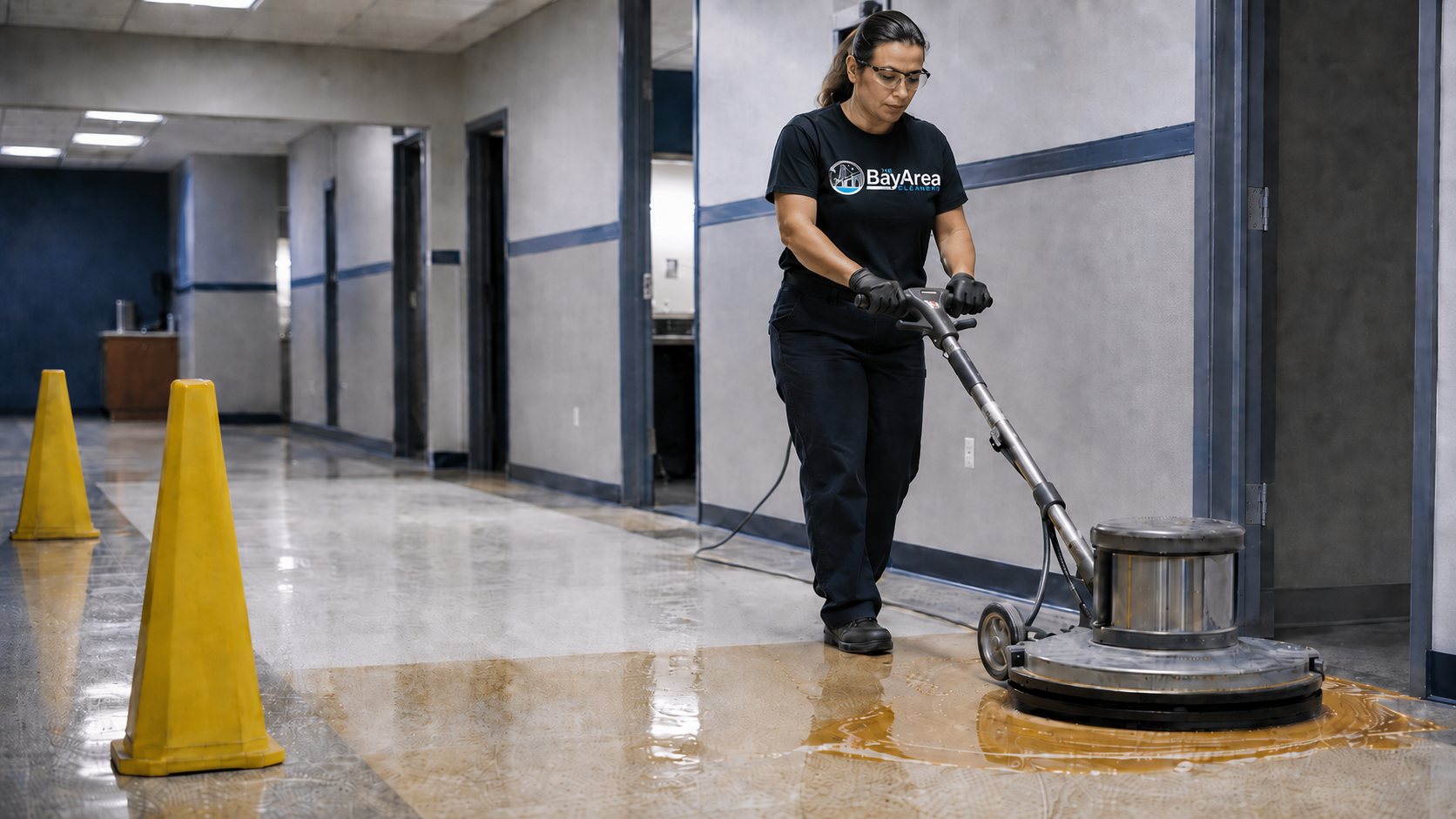 Home 54 Female Bay Area Cleaners technician performing commercial floor stripping with a rotary floor machine.