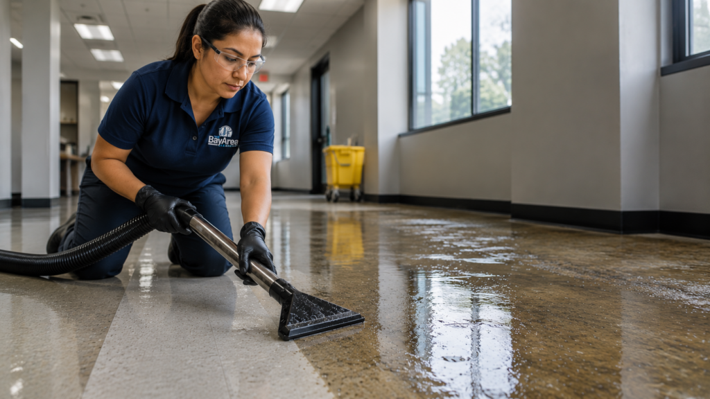 How to Strip and Wax Floors: Process, Cost and When to Skip It 2 Female floor care technician using a wet vacuum to remove stripper slurry from a commercial vinyl tile floor.