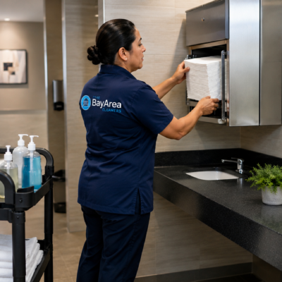 Female cleaner from an office cleaning company restocking paper towels in a modern commercial restroom during daytime service.