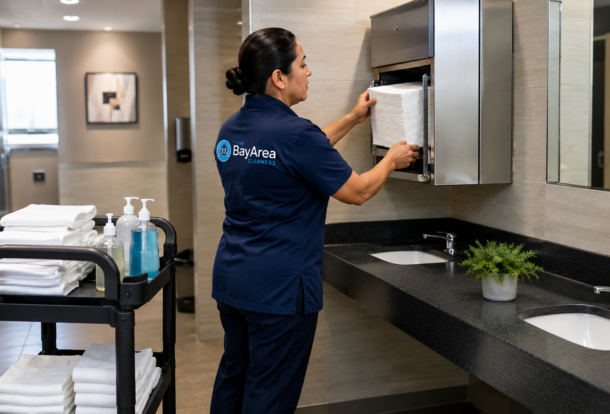 Female cleaner from an office cleaning company restocking paper towels in a modern commercial restroom during daytime service.