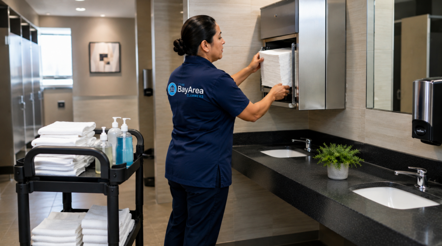 Female cleaner from an office cleaning company restocking paper towels in a modern commercial restroom during daytime service.