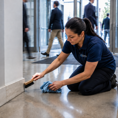 Professional baseboard cleaning in a high-traffic commercial building entrance using a soft brush and microfiber cloth.