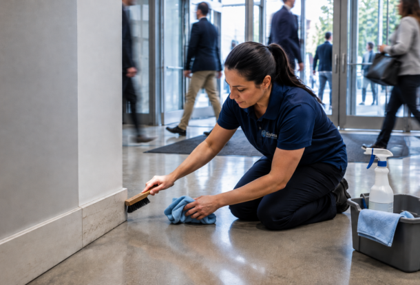 Professional baseboard cleaning in a high-traffic commercial building entrance using a soft brush and microfiber cloth.