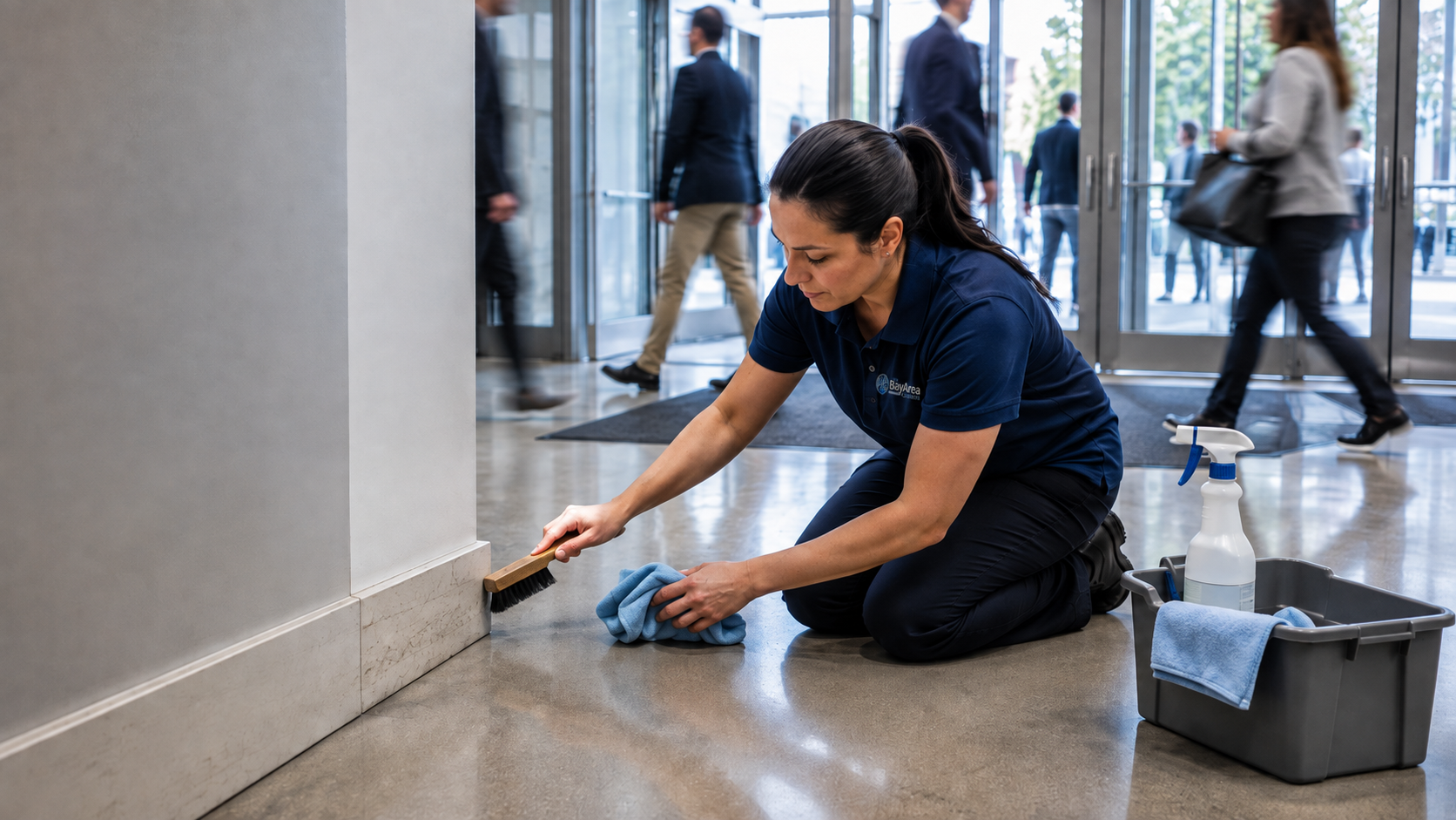 Professional baseboard cleaning in a high-traffic commercial building entrance using a soft brush and microfiber cloth.