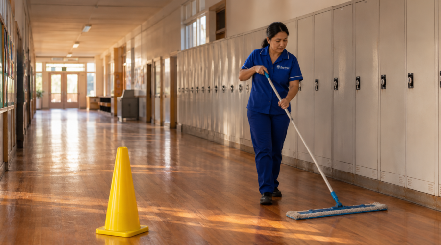Professional cleaner damp-mopping a hardwood school hallway after dismissal, using a barely damp microfiber mop to protect the floor’s finish, with a yellow safety cone and lockers in the background.
