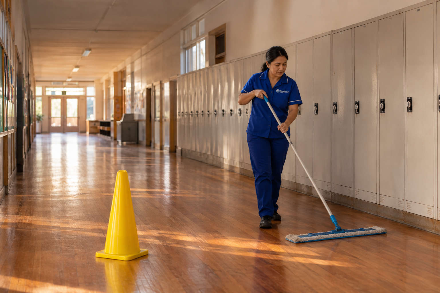 Professional cleaner damp-mopping a hardwood school hallway after dismissal, using a barely damp microfiber mop to protect the floor’s finish, with a yellow safety cone and lockers in the background.