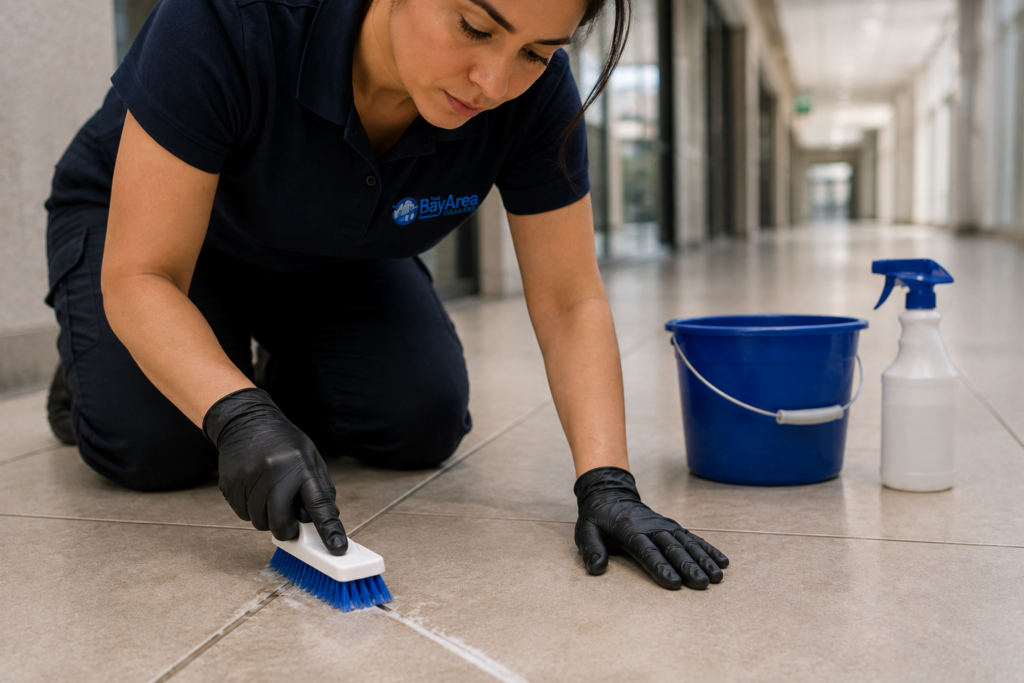 How to Clean Grout on Commercial Tile Floors 1 Cleaner scrubbing grout lines on a commercial tile floor with a handheld grout brush.