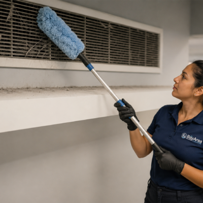 Professional Bay Area Cleaners technician performing high dusting in an office, removing dust and cobwebs from an air vent and upper ledge with a microfiber extension tool.