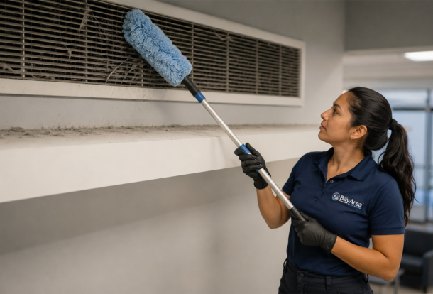 Professional Bay Area Cleaners technician performing high dusting in an office, removing dust and cobwebs from an air vent and upper ledge with a microfiber extension tool.