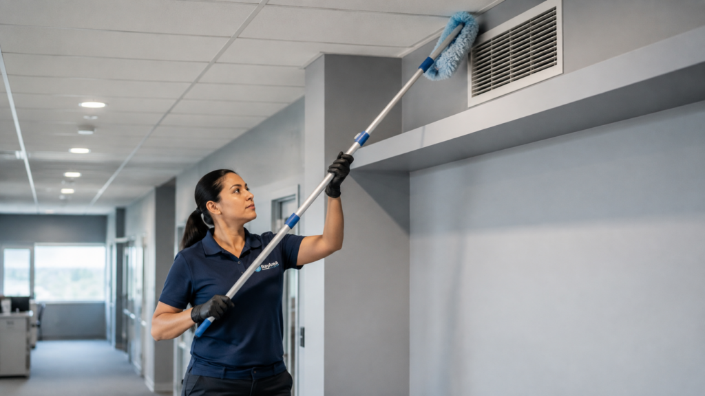 High Dusting: Why Your Clean Floors Do Not Stay Clean 1 Professional cleaner performing high dusting on an office air vent and upper wall surface using a microfiber extension pole.