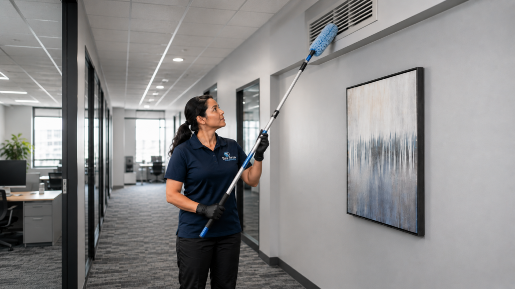 High Dusting: Why Your Clean Floors Do Not Stay Clean 2 Bay Area Cleaners technician using a telescoping microfiber pole for high dusting in a modern office hallway, cleaning an elevated wall vent.