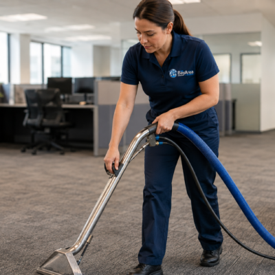 Professional technician demonstrating how to clean carpet using hot water extraction in a commercial office.