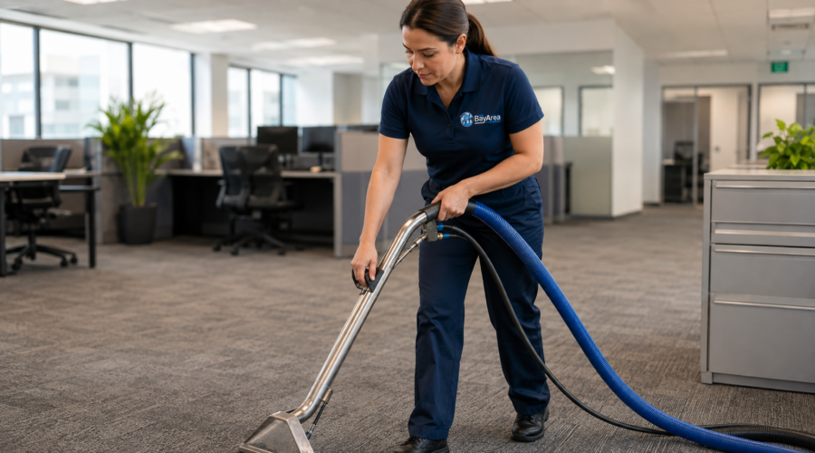 Professional technician demonstrating how to clean carpet using hot water extraction in a commercial office.