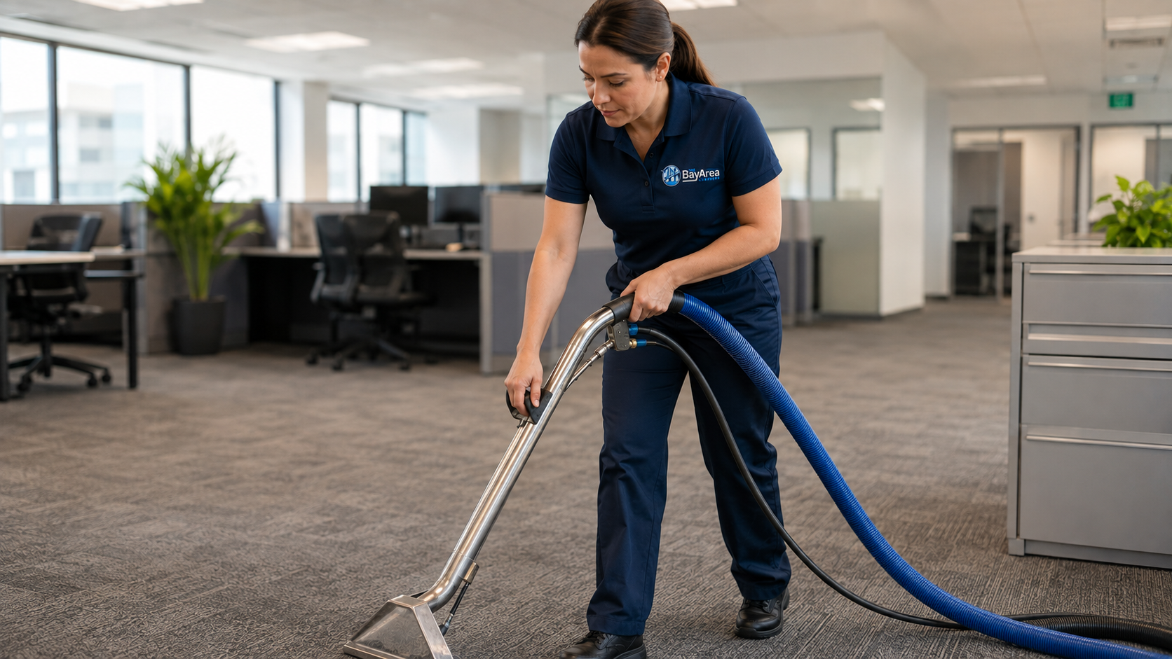 Professional technician demonstrating how to clean carpet using hot water extraction in a commercial office.