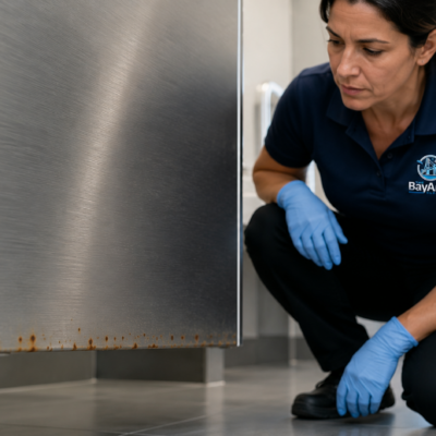 Professional cleaning technician showing how to mop laminate floors using a wide microfiber mop in a commercial office hallway.
