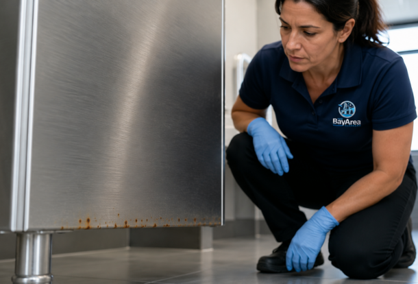 Professional cleaning technician showing how to mop laminate floors using a wide microfiber mop in a commercial office hallway.